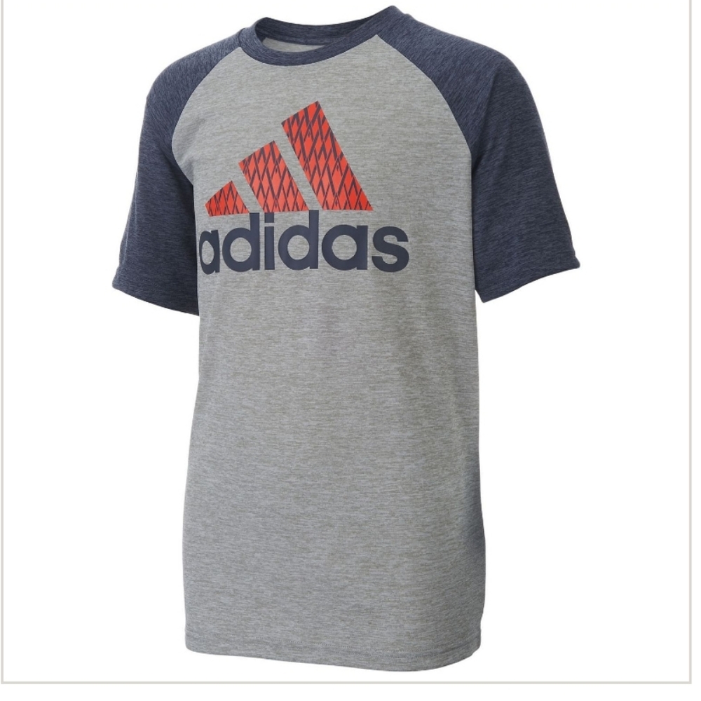 NWT Adidas Boys Climalite Gray and Blue Raglan Tee with Sporty Logo. Sz: S(8/10)